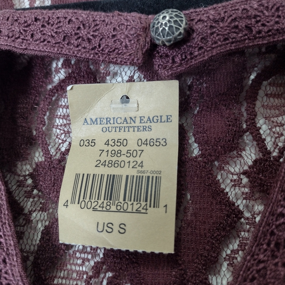 American Eagle Sheer Lace Panel Bell Sleeve V-Neck Flowy Peplum Blouse Wine Red - Picture 13 of 15